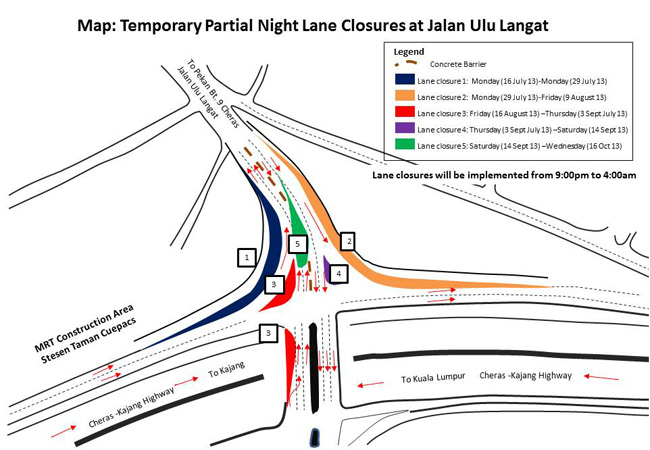 MRT: Temporary partial night lane closures near the Jalan Ulu Langat junction