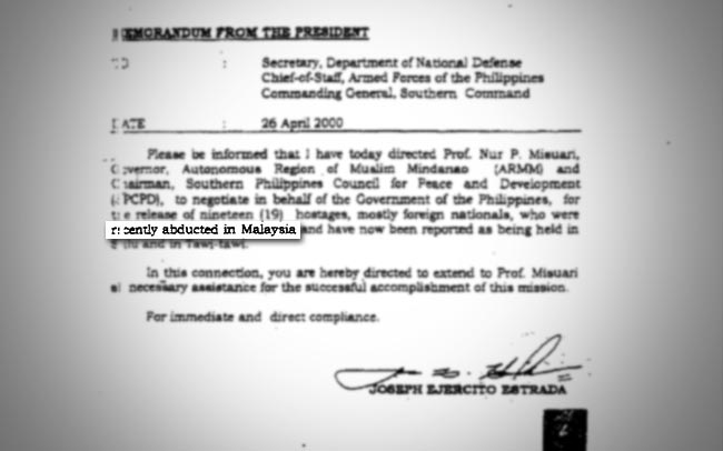 Kenyataan Presiden Filipina, Joseph Estrada pada 26 Aoril 2000 yang merujuk Pulau Sipadan sebagai wilayah Malaysia. ICJ hanya memutuskan pulau itu dan Pulau Ligitan sebagai milik Malaysia pada 17 Disember 2002.