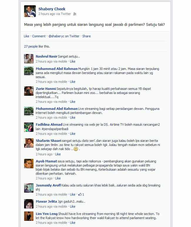 Posting Shabery Cheek mengenai siaran langsung soal jawab