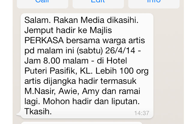 SMS jemputan ke majlis Perkasa kepada media