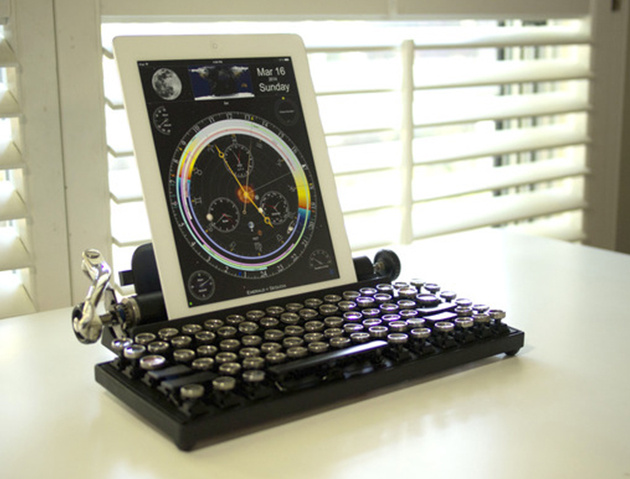 The Qwerkywriter is an 84 key, USB, Bluetooth enabled, typewriter-inspired mechanical keyboard