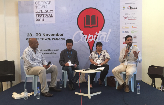 (Left to right) Moderator Sharaad Kuttan with writers Ooi Kee Beng, Leila S. Chudori and Sudir Thomas Vadaketh.