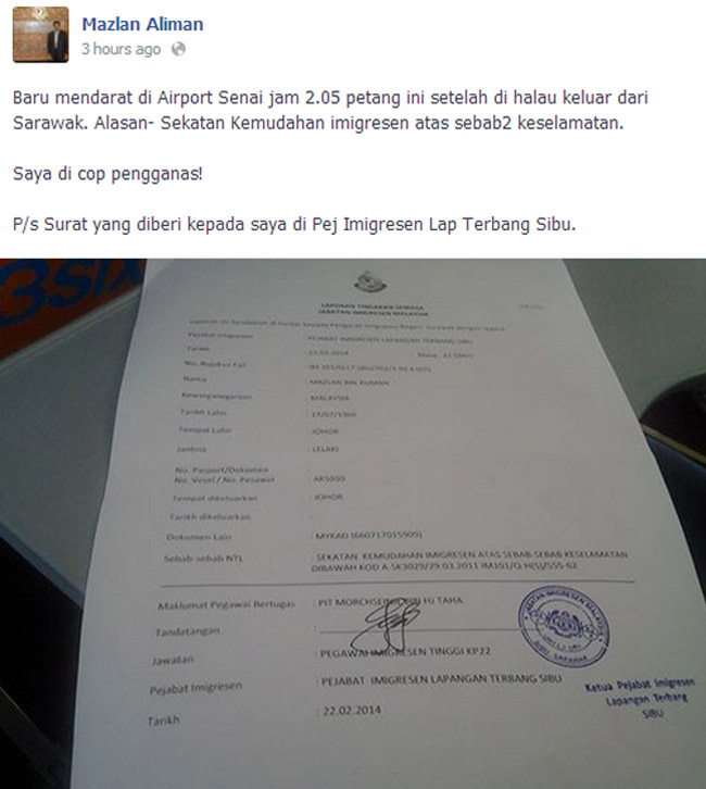 acebook mazlan aliman yang mendakwa dihalang masuk sarawak