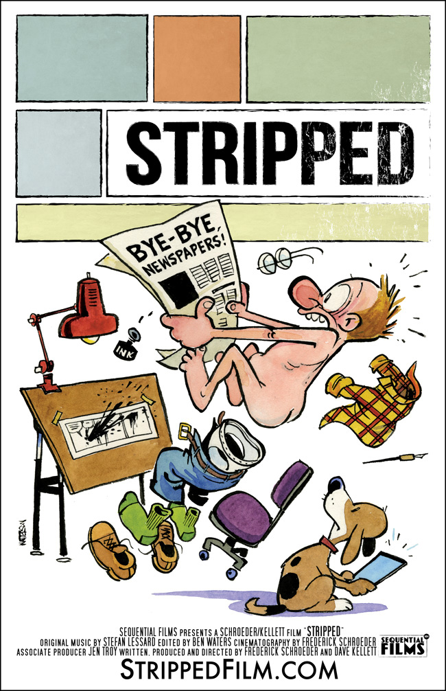 Poster filem dokumentari Stripped hasil lukisan terbaru Bill Watterson yang menyepi sejak persaraannya pada hujung 1995.