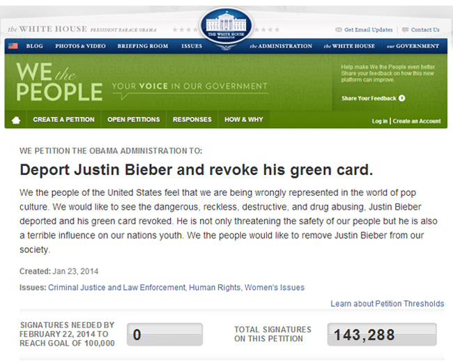 Petition to deport Bieber surpasses 100,000 mark