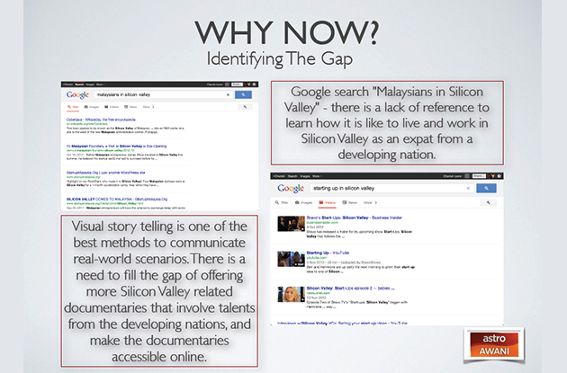 I dedicated a section titled “Identifying the Gap” in my proposal to explain the untapped opportunity to create content in relation to Malaysians’ startup life in Silicon Valley.