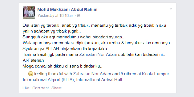 Coretan pilu seorang suami yang baru kehilangan isterinya.