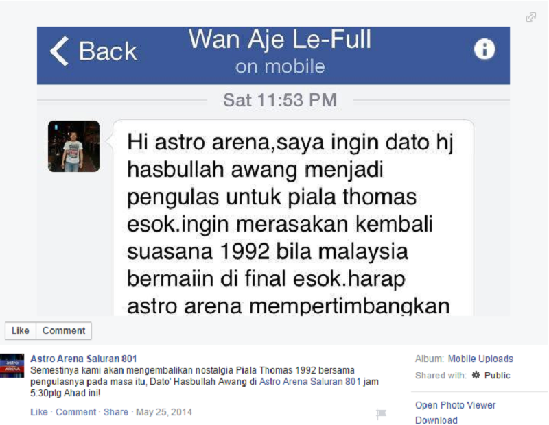 Permintaan khas untuk Datuk Hasbullah Awang mengulas final Piala Thomas 2014.