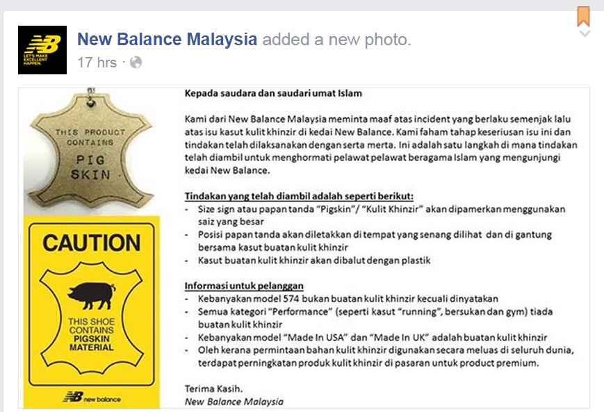 Kenyataan maaf daripada New Balance Malaysia melalui FB hari ini