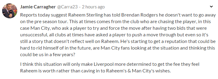 Perkongsian Carragher di Kicca.com mengenai situasi Sterling.