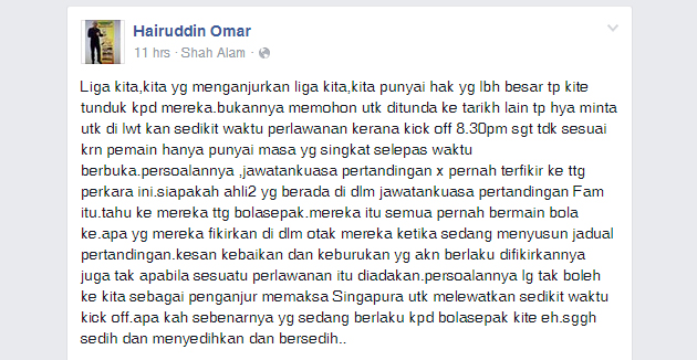 Sepak mula tidak boleh dilewatkan kerana peraturan stadium di Singapura.