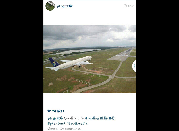 Akaun Instagram yengnasir yang memuatnaik foto pesawat menggunakan drone.