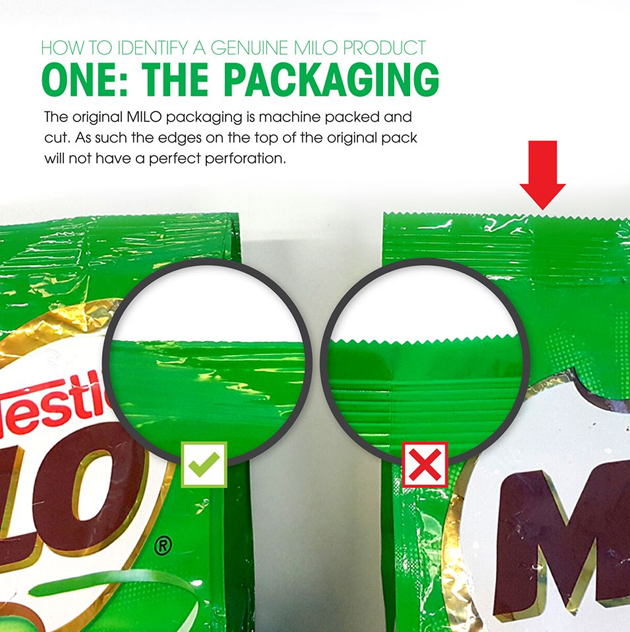 Perbezaan produk Milo asli (kiri) dan tiruan (kanan)