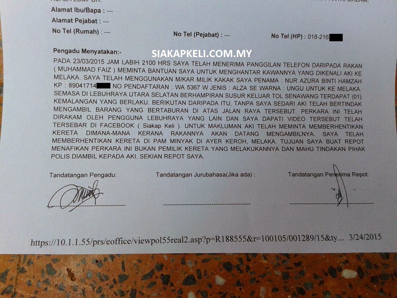 Laporan polis yang dibuat Nur Amirah di Balai Polis Presint 7 Putrajaya. Gambar siakapkeli.com.my.