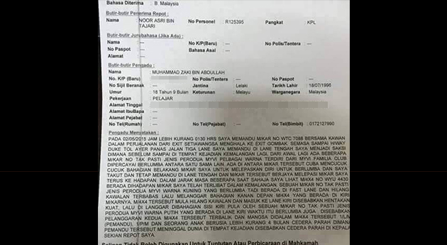 Salinan laporan polis yang dibuat oleh Muhammad Zaki, saksi terawal kejadian kemalangan di Lebuhraya DUKE.