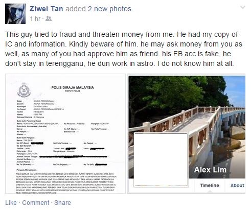 Amaran Ziwei kepada rakan-rakan Facebooknya mengenai akaun palsu yang menggunakan nama Alex Lim.