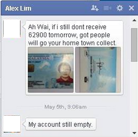 Mesej yang dihantar Alex Lim bersama imej kad pengenalannya, mendakwa Ziwei meminjam RM62,900 daripadanya