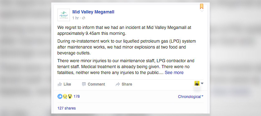 Dalam pada itu, pengurusan Mid Valley Megamall telah menutup sistem gas di premis terbabit bagi menjamin keselamatan pengunjung dan penyewa.