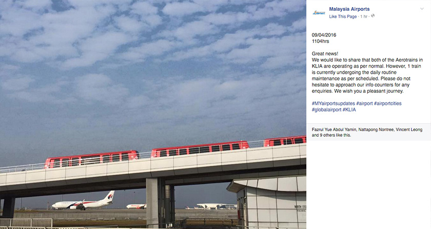 MAHB says its Aerotrain services has resumed operations. - MAHB Facebook