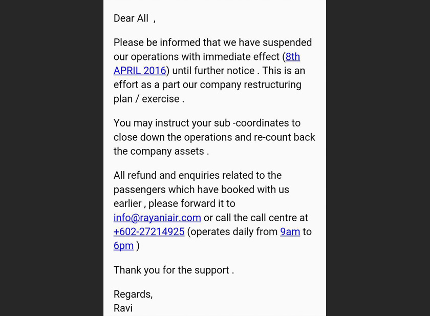 Ravi turut memaklumkan penggantungan itu sehingga tempoh yang akan dimaklumkan kelak.
