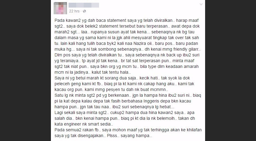 Permohonan maaf dan penjelasan dari wanita terbabit.