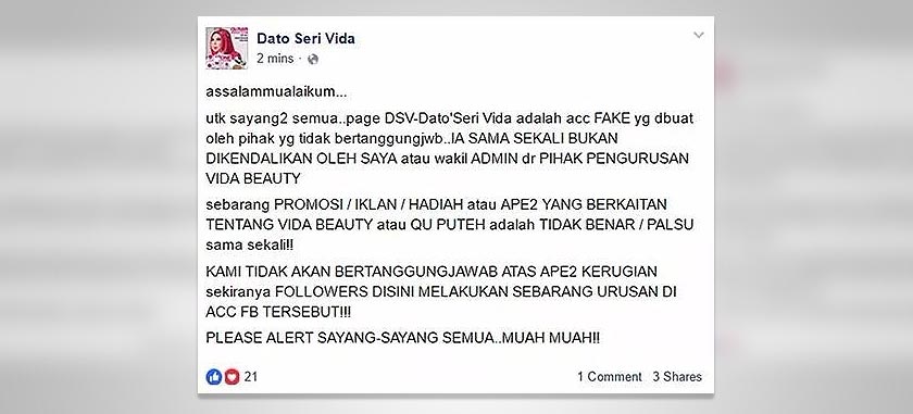 Penjelasan dari akaun Facebook Dato Seri Vida.