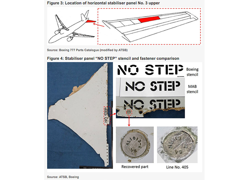 Serpihan kedua adalah komponen panel penstabil mendatar yang didaftarkan bagi pesawat 9M-MRO. - Foto ATSB, Boeing