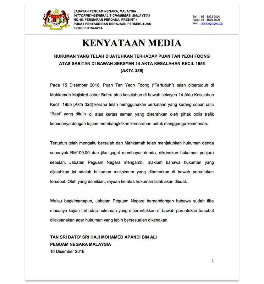 Kenyataan Jabatan Peguam Negara