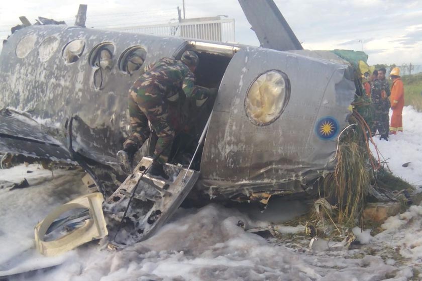 The Beechcraft B200T aircraft that crashed at the Butterworth RMAF airstrip.