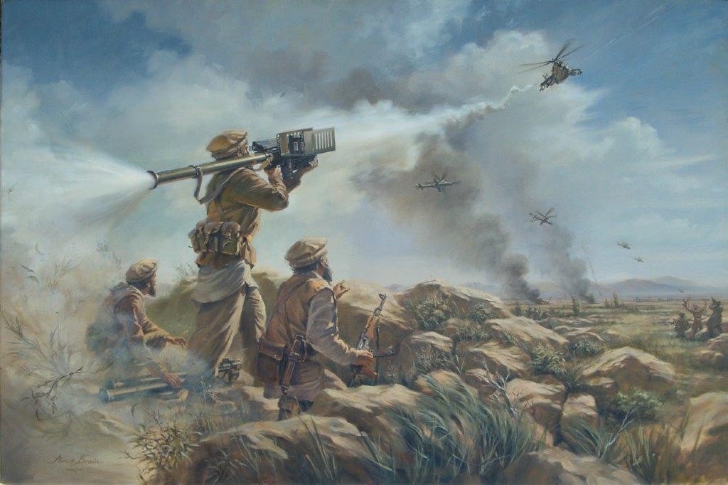 The calendar’s month of April features “The First Sting,” by Stuart Brown. It depicts a mujahideen fighter firing a Stinger antiaircraft missile at a Soviet gunship in Afghanistan in the 1980s. (Stuart Brown)