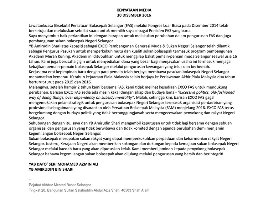 Mohamed Azmin, in a joint statement with former Selangor manager Amirudin Shari said the FAS Executive Council (Exco) was bogged in 