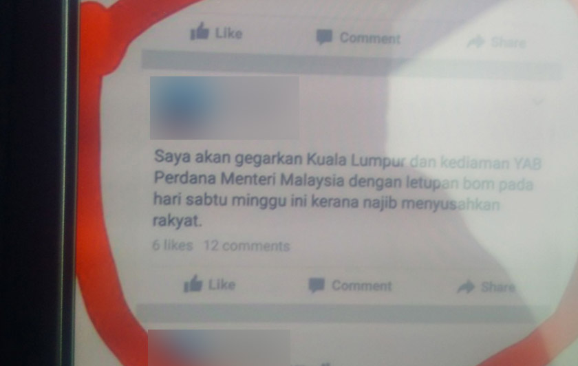 Status yang dimuat naik individu berkenaan berbaur ugutan terhadap Perdana Menteri.