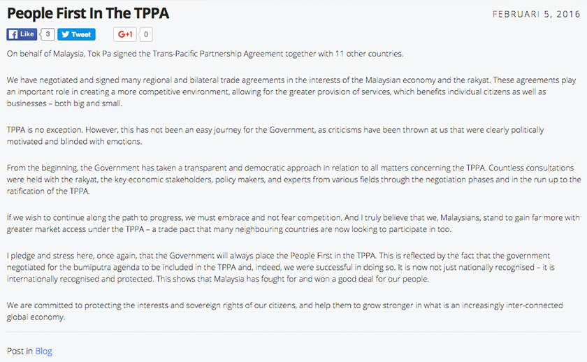 Najib mengulangi bahawa kerajaan sentiasa mendahulukan rakyat dalam Perjanjian Perkongsian Trans-Pasifik (TPPA).