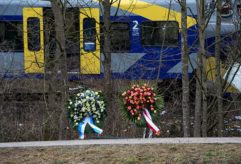 Wreaths are pictured on the train crash site on February 10, 2016 near Bad Aibling. - AFP pic