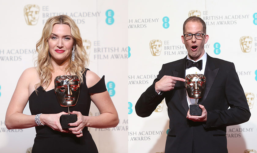 Kiri: Aktres Pembantu Terbaik BAFTA, Kate Winslet yang membintangi filem Steve Jobs. Kanan: Pete Docter bersama trofi Filem Animasi Terbaik yang dimenangi menerusi Inside Out terbitan Disney - Foto AP