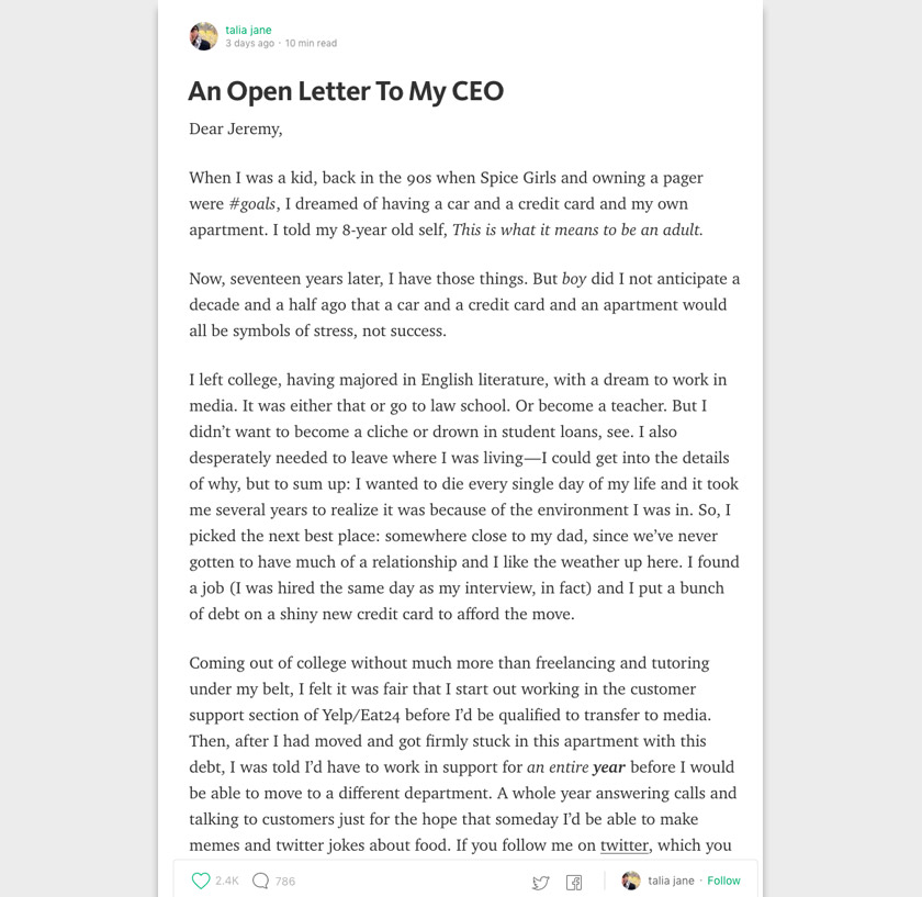 Surat terbuka Talia Jane di laman blog Medium