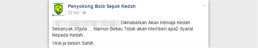 Status di laman Facebook Penyokong Bola Sepak Kedah