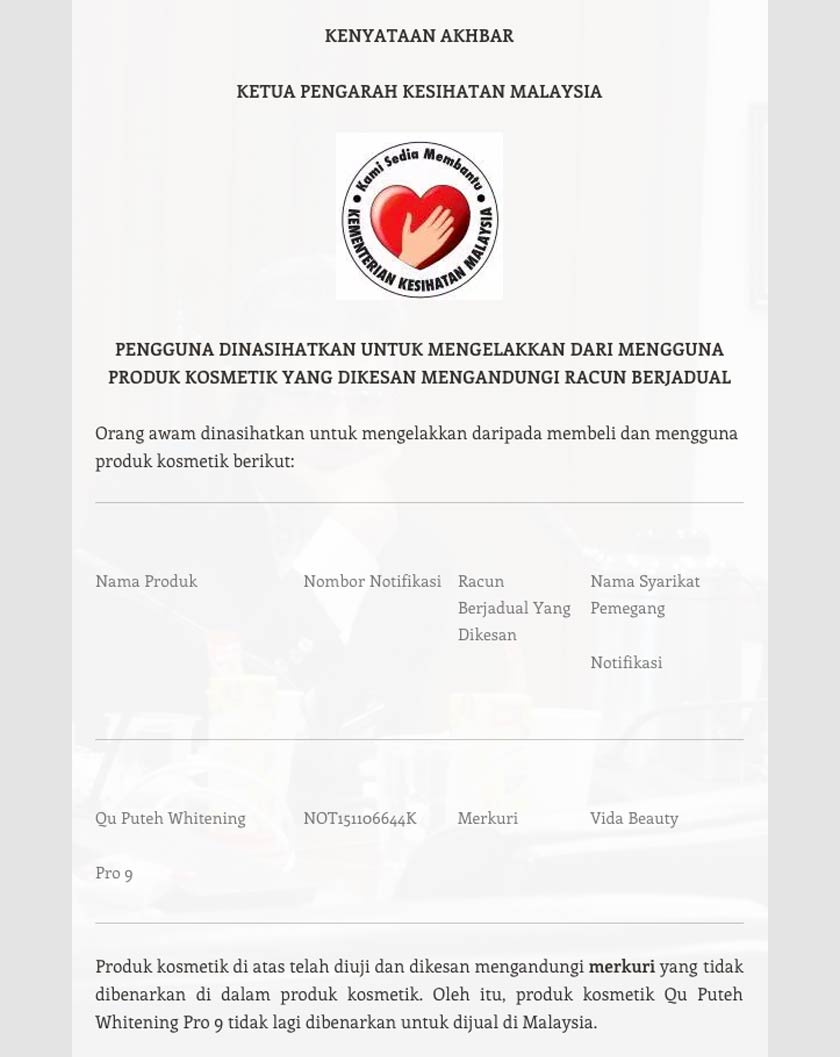 Kenyataan media Kementerian Kesihatan berkenaan dua produk Qu Puteh yang disahkan mengandungi merkuri