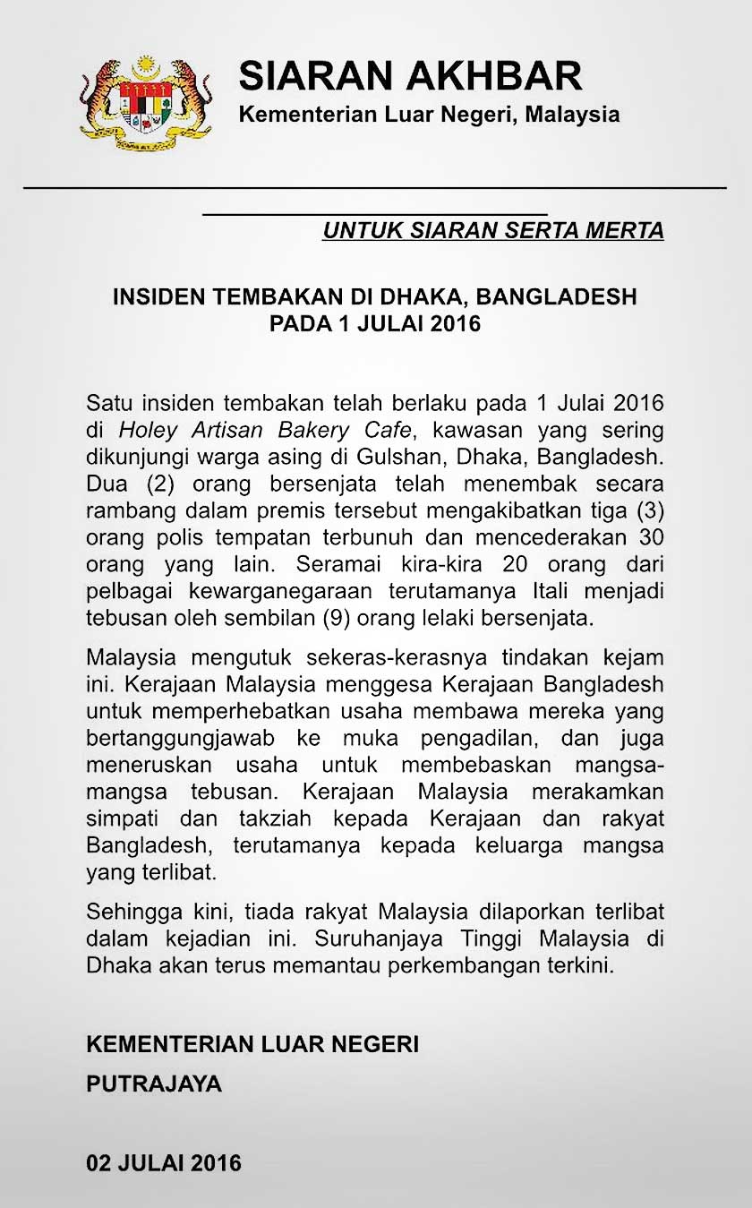 Kenyataan Wisma Putra berhubung serangan di Dhaka