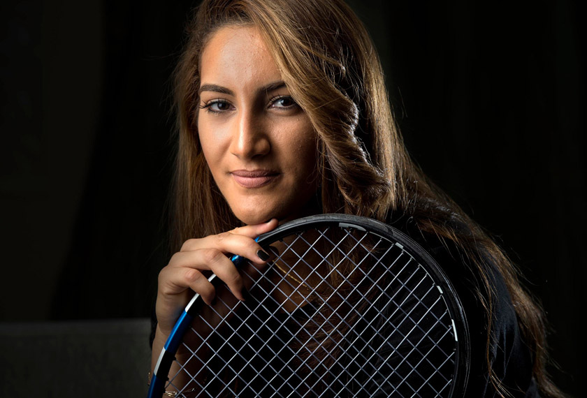 Tennis player Fatma Al Nabhani, 24, poses for a portrait in Muscat, Oman. Photo by Nikki Khan/The Washington Post