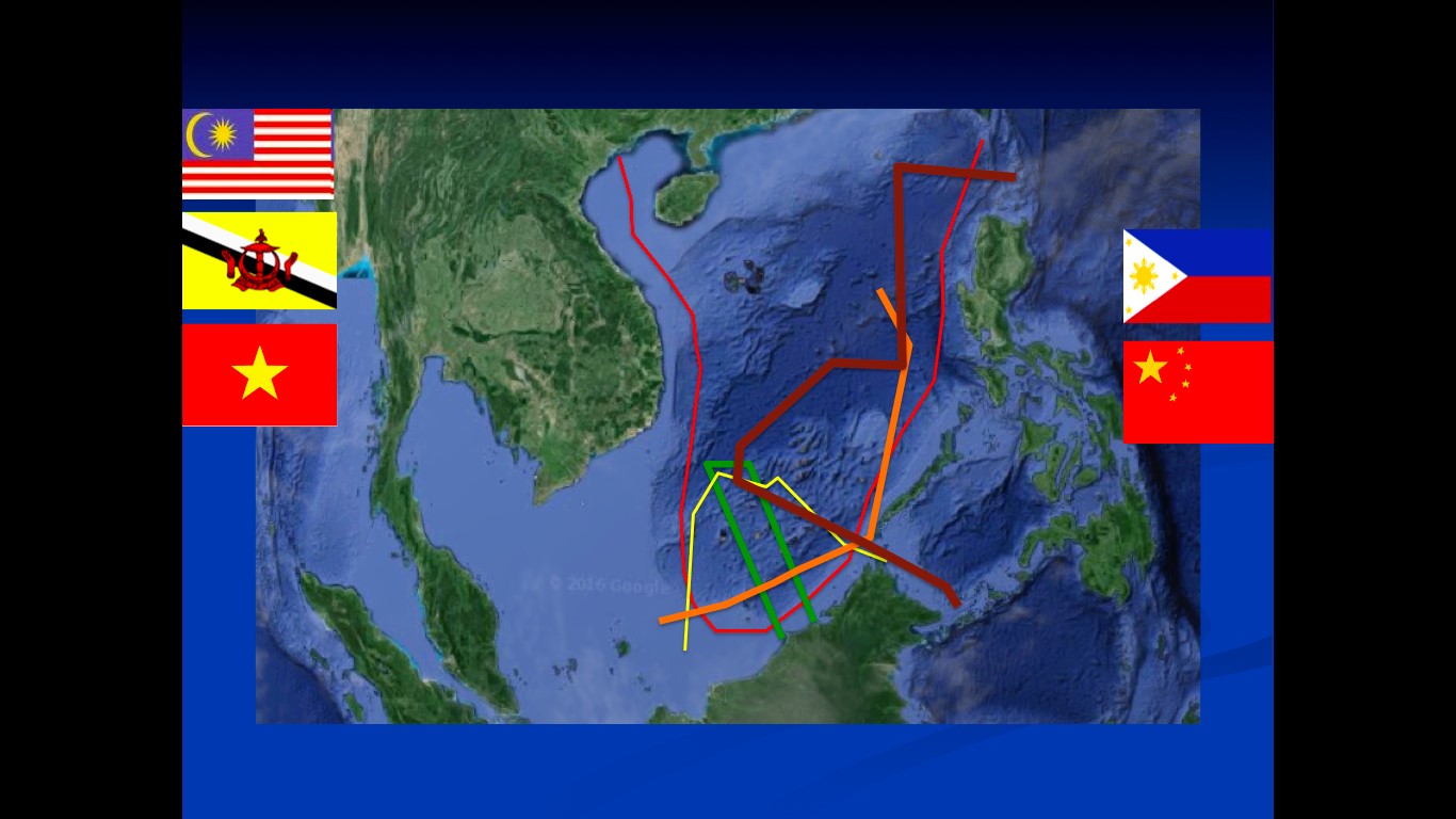 Rajah 1. Tuntutan Bertindih ke atas Laut China Selatan (Sumber: Diubahsuai daripada GoogleMaps) Panduan: Kuning (Malaysia), Hijau (Brunei), Jingga (Vietnam), Perang (Filipina), Merah (China)