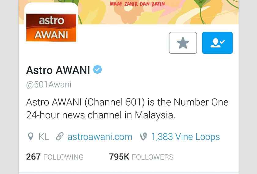 @501Awani antara akaun Twitter di Malaysia yang mempunyai lencana biru Verified Account