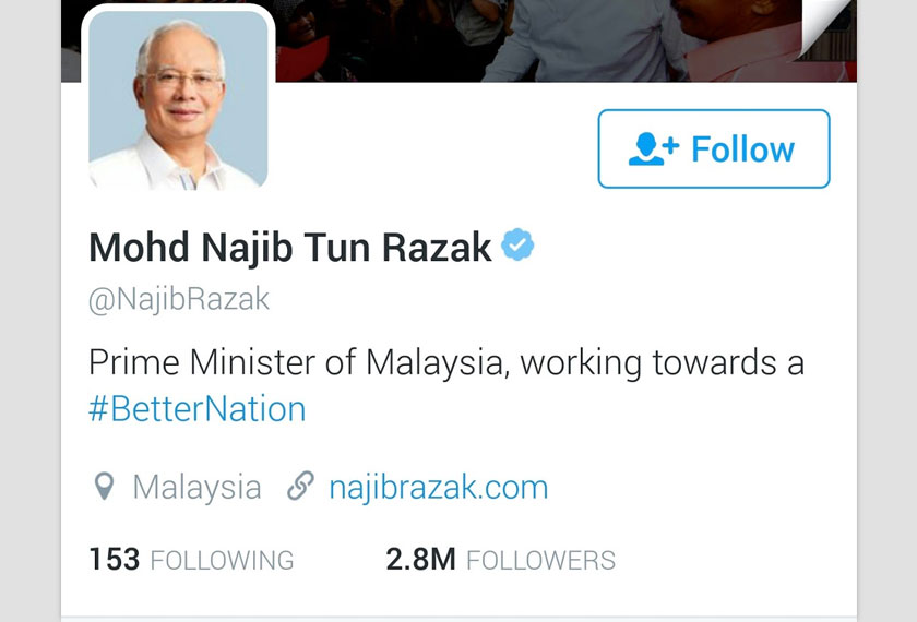 @NajibRazak merupakan antara akaun Twitter di Malaysia yang mempunyai lencana biru Verified Account.