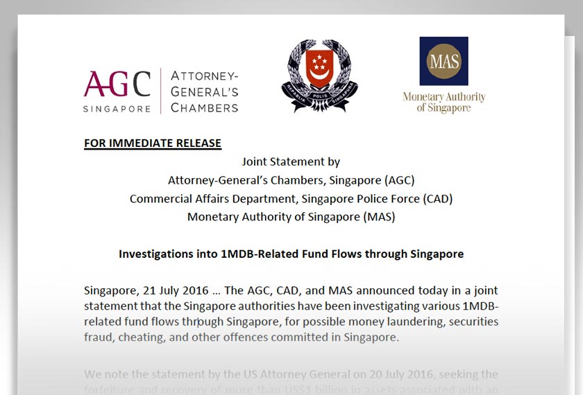 Kenyataan bersama oleh pihak berkuasa kewangan Singapura (MAS), Jabatan Peguam Negara dan Jabatan Hal Ehwal Komersial.
