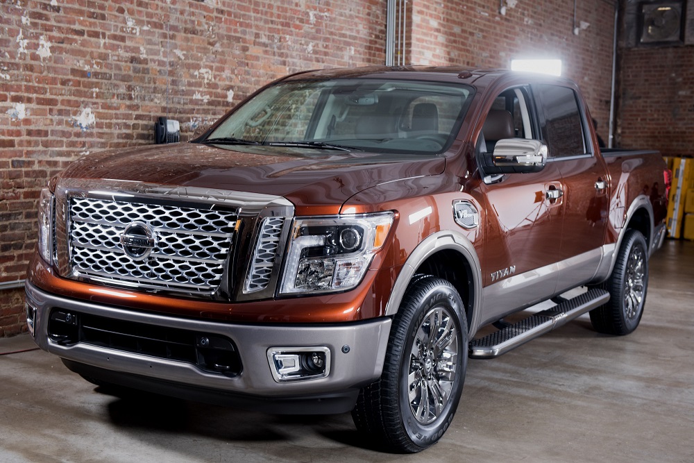 The 2017 Nissan Titan pick up truck sits on display before the start of the New York International Auto Show in New York on March 21, 2016. (Photo by Ron Antonelli-Bloomberg)