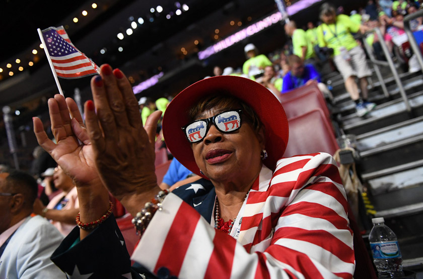 Louisiana delegate Sylvia Crier celebrates during the final day of the Democratic National Convention in Philadelphia on Thursday. Washington Post/Jabin Botsford