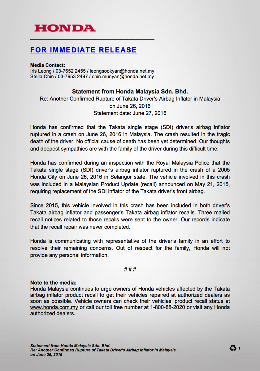 The full statement by Honda Malaysia Sdn Bhd released today.