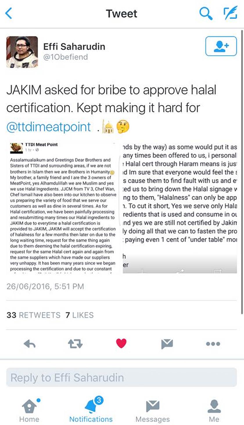 'Anggapan' pemilik TTDI Meat Point bahawa pegawai JAKIM meminta rasuah telah disebar di media sosial - Foto Facebook/TTDI Meat Point