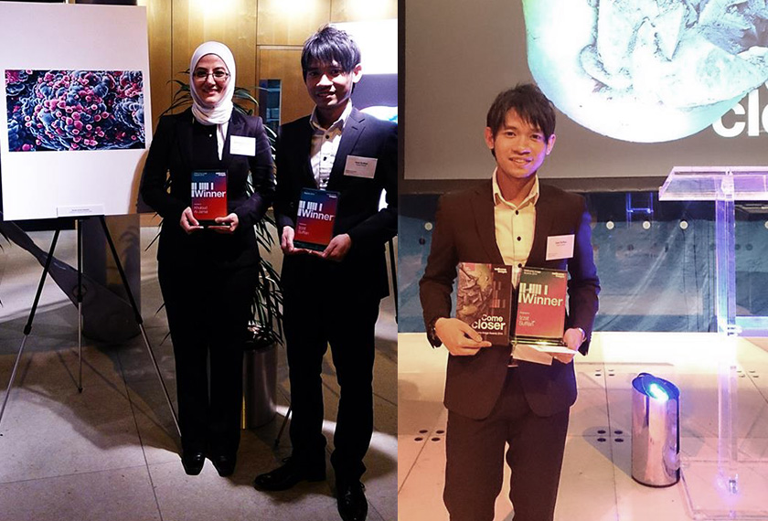 Izzat bersama rakan sepasukan semasa memenangi anugerah pada 2014 untuk imej sel kanser yang dirawat. - Foto Facebook Izzat Fahimuddin