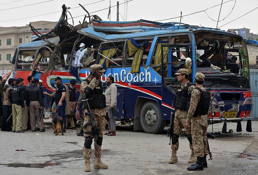 At least 16 people were killed and more than two dozen wounded when a bomb blew up inside a bus in Peshawar.